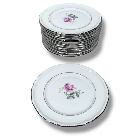 Royal Bayreuth Bread Plates 6.5" Pink Rose Platinum Rim Roped Edge Lot of 12 - Picture 1 of 6